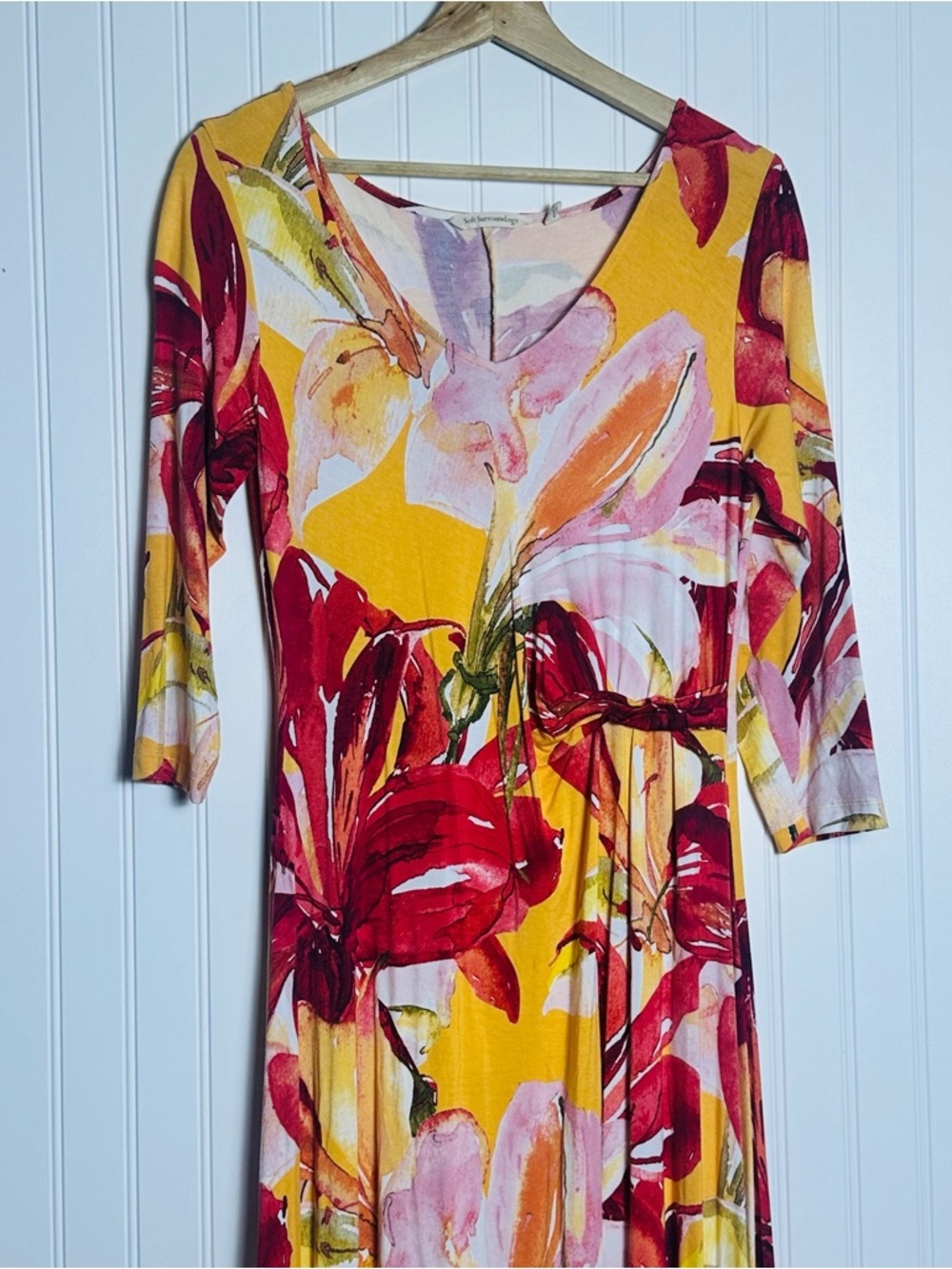Soft Surroundings ELIA Dress Apricot Floral 3/4 Sleeve Floral S V-neckline - Picture 3 of 14